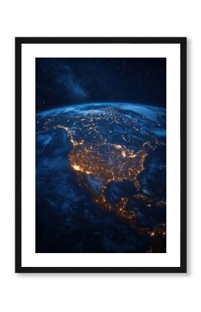 Stunning aerial perspective of North America at night showcasing city lights and atmospheric glow from space