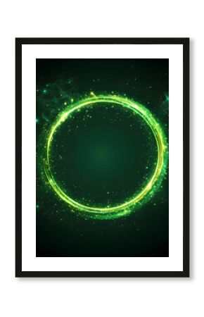 Glowing green circular light effect with sparkles on dark background
