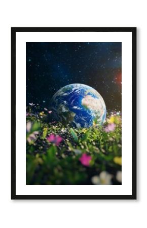 Earth Rising Among Flowers Under Starry Sky Represents Planet Conservation