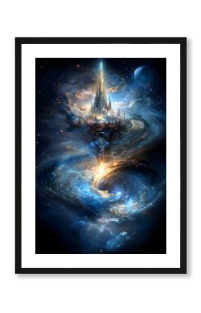 Floating City Amidst a Cosmic Nebula: A Fantasy Space Illustration