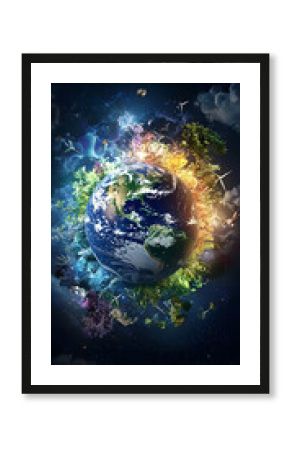 Vibrant Earth Surrounded by Cosmic Energy and Pixelated Colors