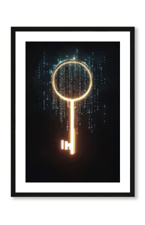 Glowing key in dark space with binary code  digital access concept