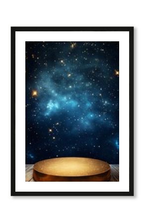 A floating golden podium, placed in a celestial space with twinkling stars
