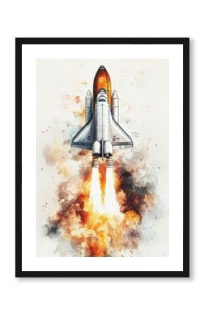 The space shuttle launches into space with fiery exhaust and smoke