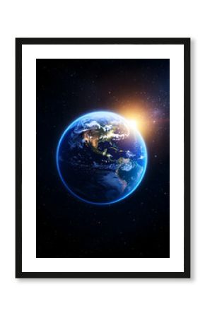 Sunrise over Earth, North America prominent, space background