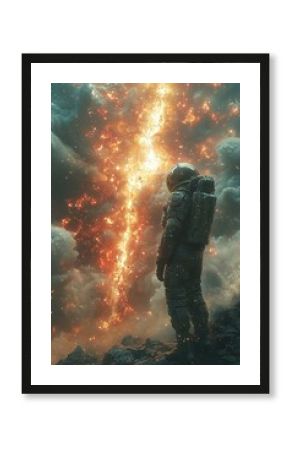 A space explorer watches a glowing rift of energy piercing through clouds, surrounded by glowing embers and dramatic lighting