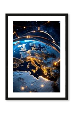 Illuminated Map of Europe at Night with Stars and Light Trails Representing Global Connections