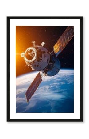 Realistic satellite orbiting above Earth during sunrise, symbolic of cosmos exploration and world space observance