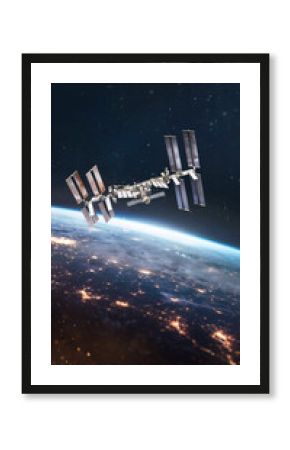 ISS station on orbit of the Earth planet. View from outer space. International space station. Elements of this image furnished by NASA.