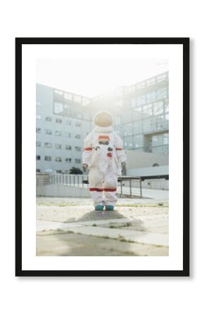 Young female astronaut in space suit standing on footpath near building