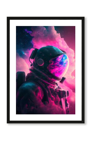 3D illustration of man in space suit inside softly glowing pink and blue galactic cloud. Peaceful galaxy astronaut. Retrowave. Generative Ai.