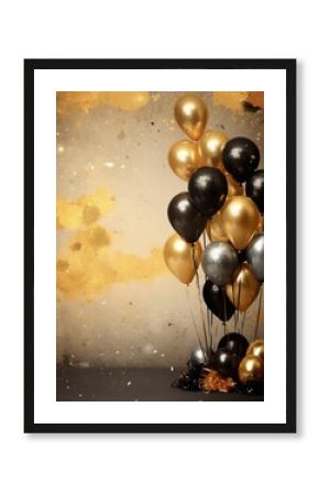 Black, golden and silver balloons and confetti on grunge wall background. Birthday, holiday or party background. Empty space for text. Festive greeting card. Created with generative Ai