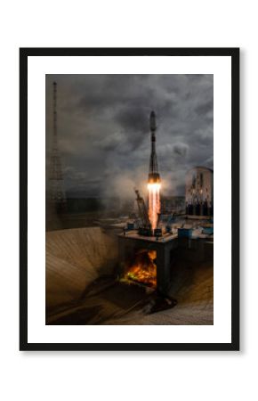 Spaceship starting into space with smoke 