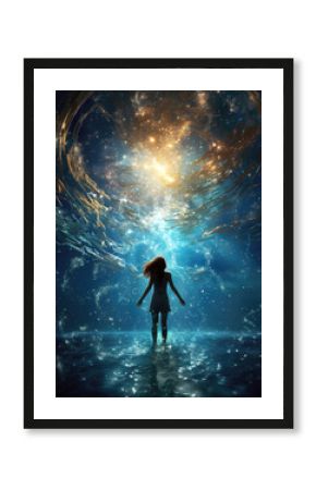 Young woman in dark watery space surrounded by stars and nebula