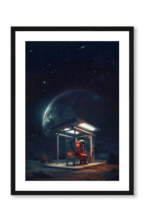 Interstellar traveller awaiting a bus under unfamiliar night sky of alien planet, sci-fi concept