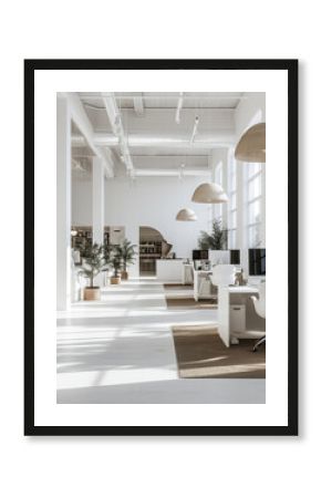 Empty modern bright open space business office with furniture, computers, glass walls, pillars, plants flooded with sunlight