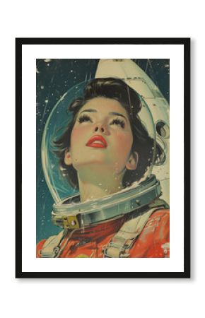 Female astronaut, woman in spacesuit. Women's History Month. Cosmonautics Day or International day of human space flight. Retro design for poster, banner, card 