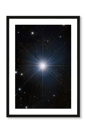 a bright Sirius star in the center of an open dark space with stars, the light rays from it shining out into all directions, with some small stars scattered around