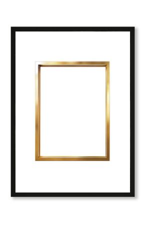 Minimalistic gilded picture frame, 3d golden rectangle frame for photo, png with transparent background 