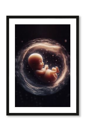 A baby is laying in a womb with a dark background