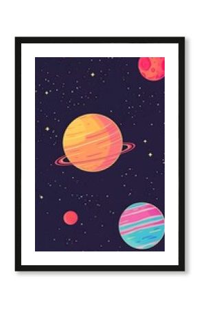 A colorful, illustrated space scene featuring planets and stars floating in a dark sky, Ideal for educational materials, children's books, posters, and cosmic-themed designs,