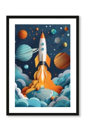 Rocket taking off from Earth amidst colorful planets and stars in vibrant space illustration