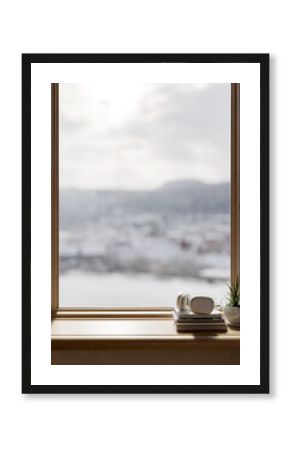 A front view image of a copy space on a wooden window sill or window board with a lake view.