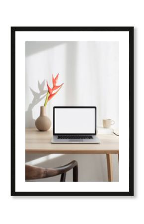 Laptop computer with empty blank mockup screen over white modern living room design. Advertisement, e-learning, shopping online, web site design, technology concept