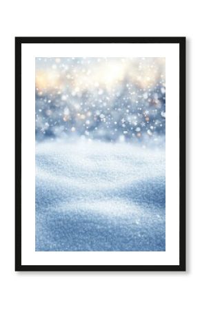 beautiful white empty winter idyll, shiny snowflakes on blurred winter landscape, christmas background with advertising space on snow cover, holiday season backdrop