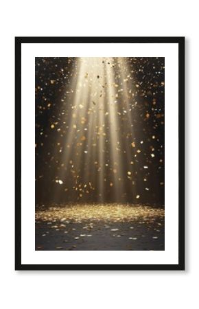 golden confetti rain on festive stage with light beam in the middle, empty room at night mockup with copy space for award ceremony, jubilee, New Year's party or product presentations