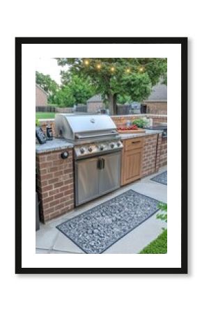 An inviting outdoor kitchen features brick walls and a barbecue grill, surrounded by a dining table and string lights, all nestled in lush greenery under the evening sky