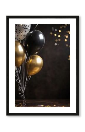 Floating balloons of gold, black and silver with confetti background for anniversary, birthday, or graduation with plenty of copy space room, for card background or backdrop.