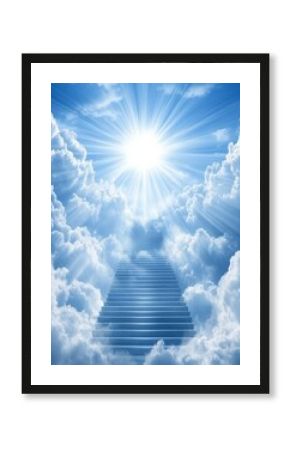  stairway to heaven with radiant sun rays, blue sky, and white clouds