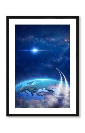 Spaceships leaving planet Earth for universe exploration and constellations discovery, bright star shining into deep space. Comets in orbit around the world, traveling through cosmos and galaxy.