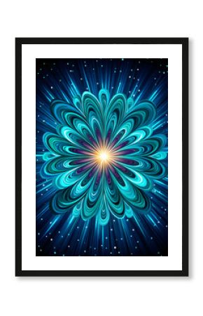 Teal cosmic flower radiating light bursts against dark space