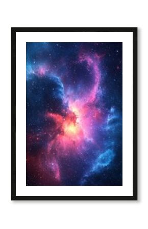 Glowing nebula with red and blue cosmic dust in the vast, dark space