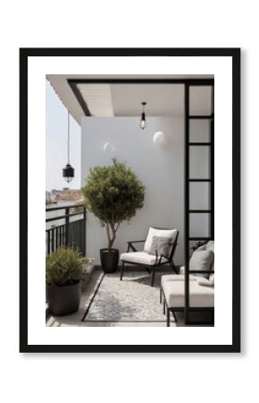 A modern outdoor balcony space with furniture and potted plants