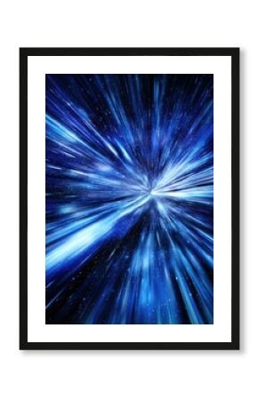 Captivating blue cosmic burst with radiant light trails suggesting speed and infinite space travel adventure in a dynamic abstract style