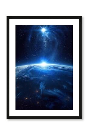 View of planet earth from space with glowing horizon and bright shining stars in the dark universe, peaceful and majestic cosmic scene