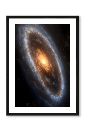 A spiral galaxy is displayed in vibrant oranges blues and whites against a backdrop of black space