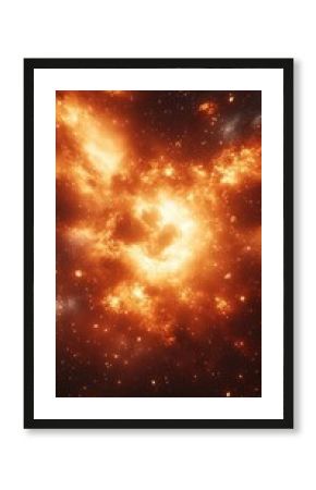 Fiery, swirling nebulae in deep space.  Vast cosmic clouds of incandescent orange and yellow, contrasted by dark space dust.  A central radiant core emanates intense light