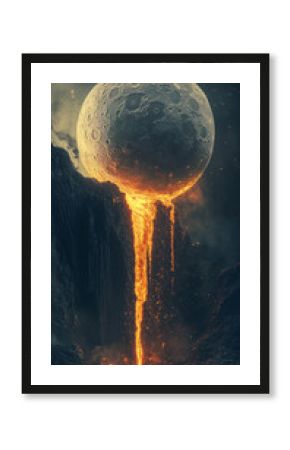Orange moon over great waterfall