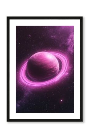 Pink planet with glowing rings in space