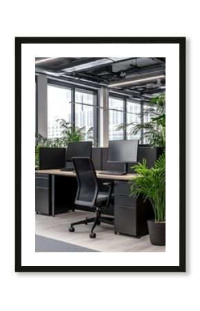 Modern, minimalist office space with sleek workstations, black filing cabinets, and lush potted plants