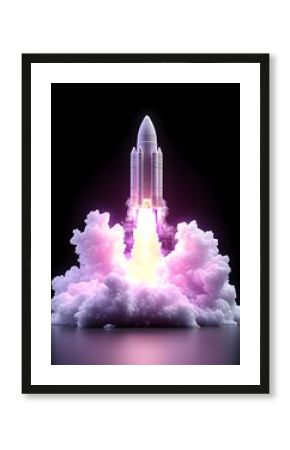 A white rocket with a purple plume of smoke launches into space