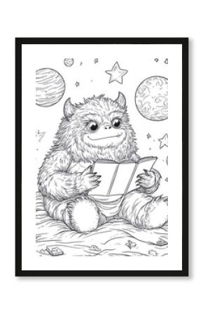 Fluffy creature reading book in space