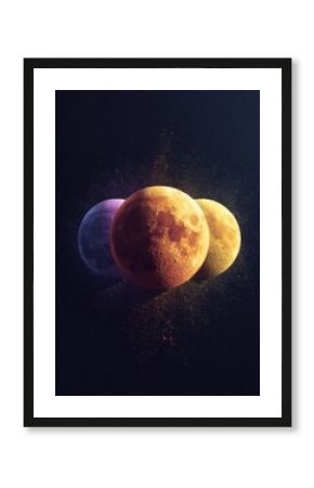 Three colorful moons in space with dust particles concept art digital illustration astronomy celestial bodies