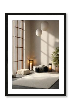 Serene interior scene featuring a minimalist room design with soft lighting and neutral color palette