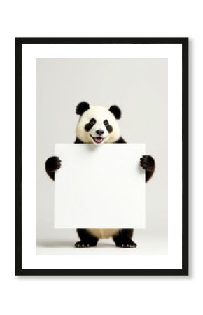 A delightful panda stands upright, joyfully holding a blank sign with a bright smile. This whimsical moment inspires creativity and adds charm to any space with its playful presence Generative AI