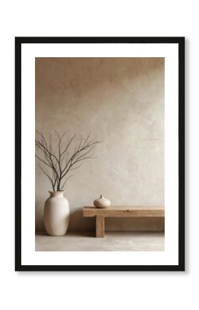 Minimalist interior design with bench clay vase, branch near beige stucco wall. Japandi, wabi-sabi style living room. Beige colors, natural materials, wooden furniture. Home decor inspiration. Empty
